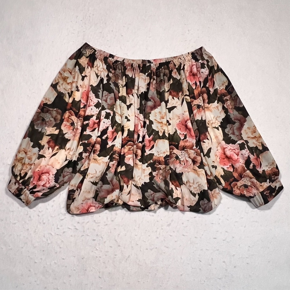 Chico's Black Label Top Blouse Floral Off Shoulder 3/4 Sleeve Lined Flowy Size M